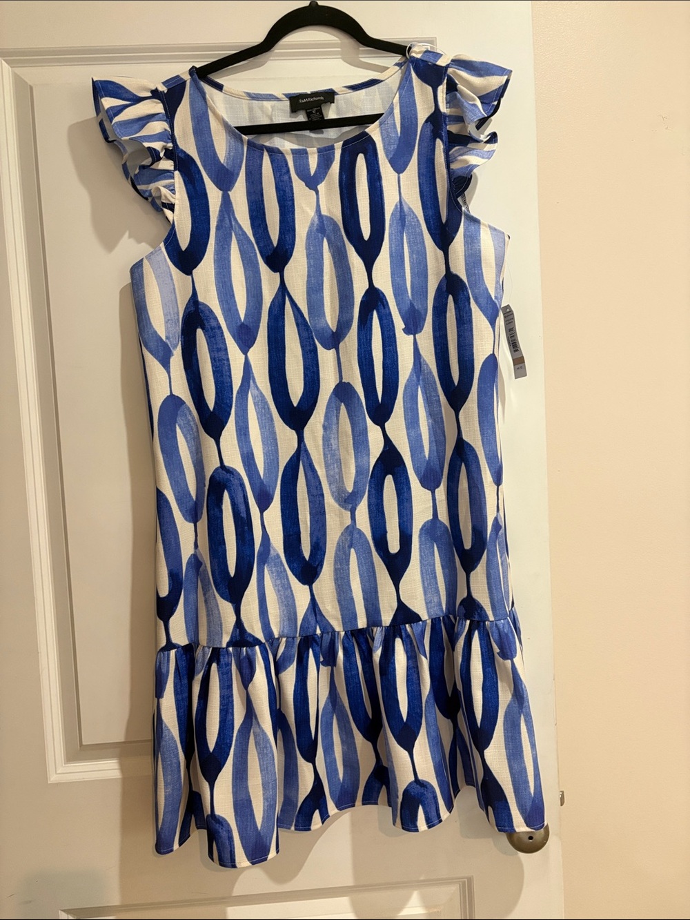 R&M Richards Blue and White Printed Ruffle-Sleeve Dress